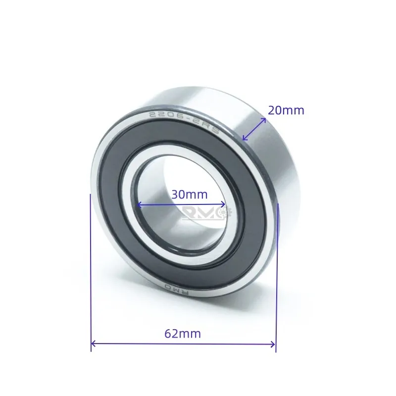 Engineering dimension technical drawing of 2206-2RS 30x62x20mm self-aligning ball bearing