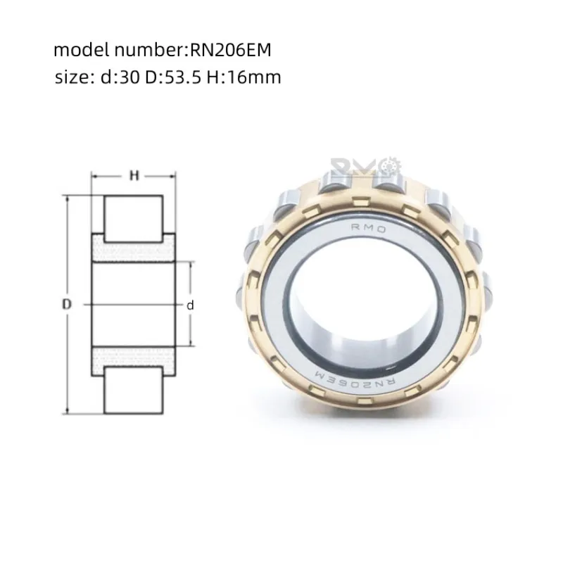 Internal structure diagram of RN206 bearing showing double-ribbed inner ring and brass cage