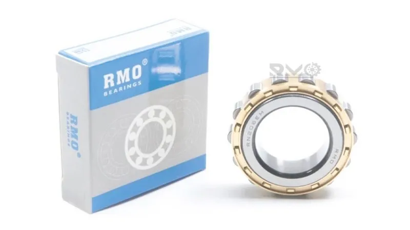 Close up detail view of RN206 roller bearing double ribbed inner ring and machined brass cage