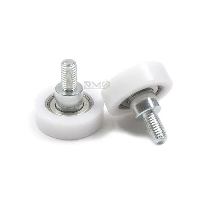 6000zz Flat Pom Roller Wheel M8 Threaded Stud 6000ZZ flat POM plastic roller wheel with M8x1.25mm threaded stud main view