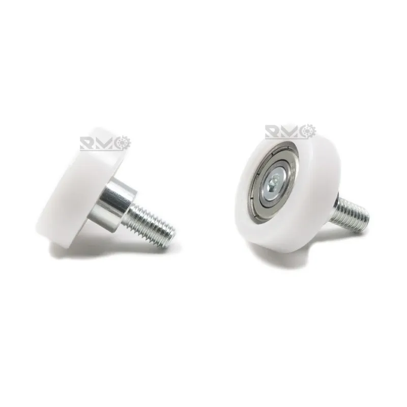 6000ZZ POM roller wheel with M8 stud installed on an industrial conveyor track