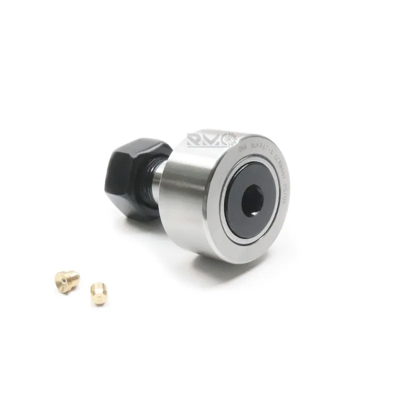 Close-up showing full complement cylindrical rollers and M20x1.5 threaded stud on NUKR47 roller