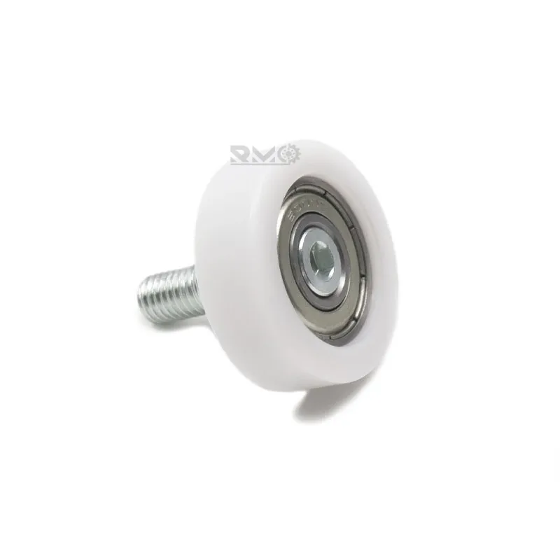 Close-up of 15mm protruding M8 carbon steel threaded stud on 6000ZZ POM roller
