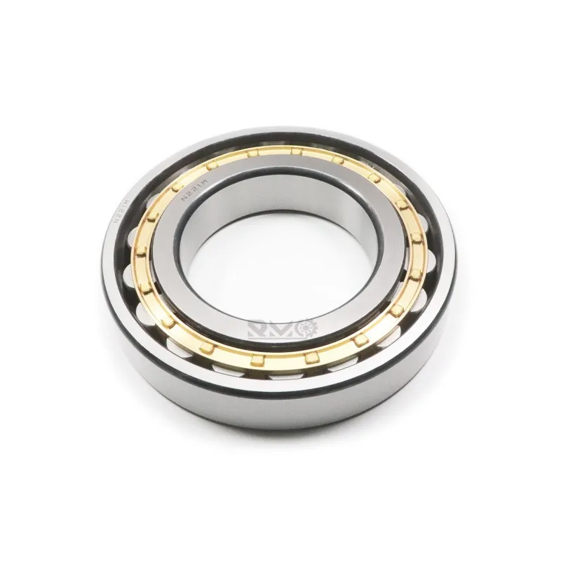 Close-up of solid machined brass cage and ribless outer ring on N221M roller bearing